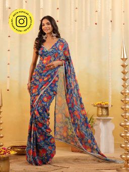 B'Infinite - Blue Carnival Bloom Draped Saree with Stitched Blouse