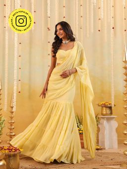 B'Infinite - Butter Yellow Embellished Draped Saree with Stitched Blouse