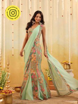 B'Infinite - Green Pop Mirage Embellished Draped Saree with Stitched Blouse