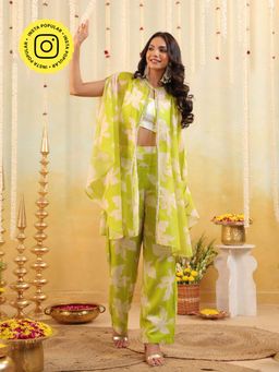 B'Infinite - Lime Green Embellished Bralette with Pant and Cape