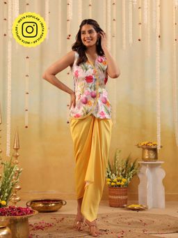 B'Infinite - Yellow Garden Tulip Embellished Vest Coat with Skirt