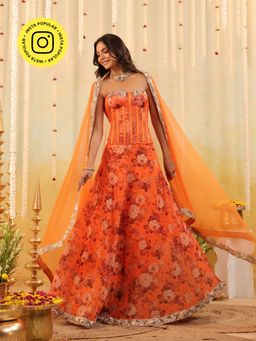 B'Infinite - Orange Floral Embellished Corset Top with Skirt and Dupatta