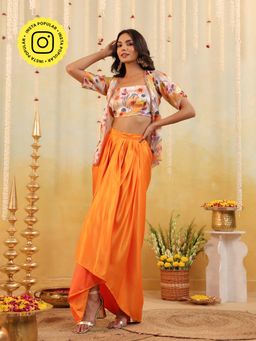 B'Infinite - Orange Sunset Botanical Embellished Bralette with Skirt and Jacket