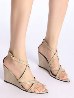 Twenty Dresses by Nykaa Fashion - Taupe Pointed Toe Strappy Criss-Cross Wedge Heels for Women
