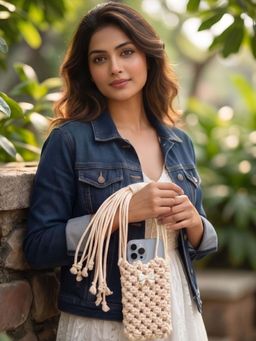 YELONA - Handmade Women's Macrame Cream Mobile Pouch Knit Nylon Bag (S)