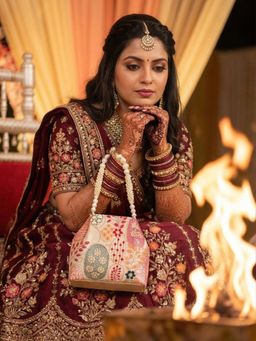 YELONA - Handmade Women's Embroidered & Sequined Ethnic Pearl Handle Bag (S)