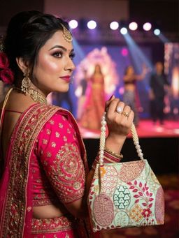YELONA - Handmade Women's Embroidered & Sequined Ethnic Pearl Handle Bag (S)