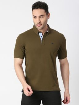 Dragon Hill - Half Sleeves Olive Cotton Lycra Button Down Polo T-shirt
