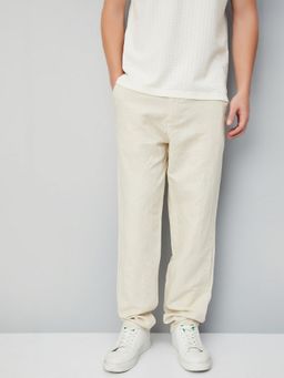 max - Beige Solid Slim Fit Linen Trousers