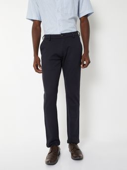max - Navy Blue Textured Slim Fit Trousers