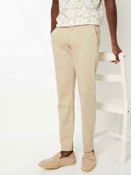 max - Beige Solid Slim Fit Trousers