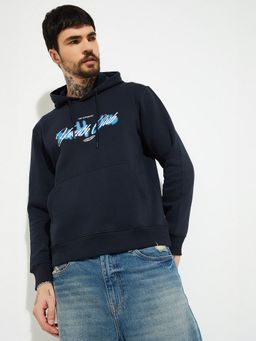 max - Navy Blue Urbn Printed Hooded Hoodie