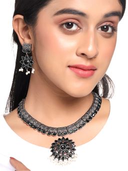 Yellow Chimes - Oxidised Silver Ethnic Stone Studded Choker Necklace (Set of 2)