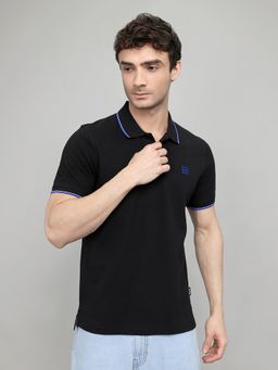 Rock.it - Regular Fit Half Sleeve Neck Black Self Design Polo T-Shirt