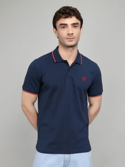 Rock.it - Regular Fit Half Sleeve Neck Blue Self Design Polo T-Shirt