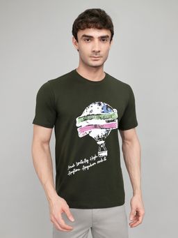 Rock.it - Smart Fit Half Sleeve Round Neck Olive Printed T-Shirt