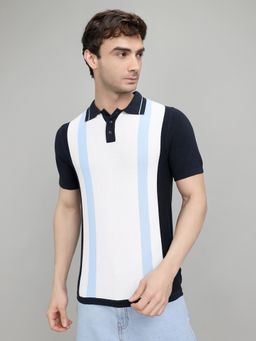 Rock.it - Smart Fit Half Sleeve Navy Blue Striped Polo T-Shirt