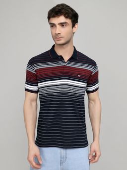 Monte Carlo - Regular Fit Neck Striped Half Sleeve Navy Blue Polo T-Shirt
