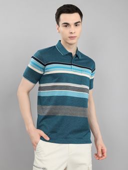 Monte Carlo - Regular Fit Stripes Half Sleeve Teal Polo T-Shirt