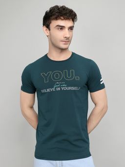 Monte Carlo - Smart Fit Half Sleeve Teal Round Neck Printed T-Shirt