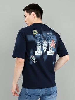 Monte Carlo - Navy Blue Oversized Solid Half Sleeve Round Neck T-Shirt