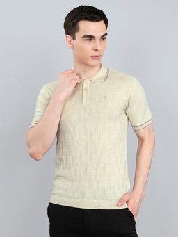 Monte Carlo - Regular Fit Half Sleeve Self Design Neck Cream Polo T-Shirt