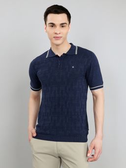 Monte Carlo - Regular Fit Half Sleeve Self Design Neck Navy Blue Polo T-Shirt