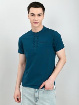Monte Carlo - Blue Regular Fit Solid Half Sleeve Henely Neck T-Shirt
