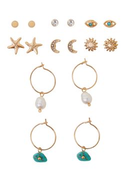 Accessorize London - Women Gold Summer Stud and Hoop Earrings (Pack of 8)