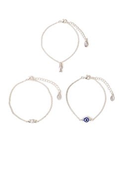 Accessorize London - Women Silver Evil Eye Charm Anklets (Pack of 3)