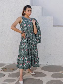 House of Surkh - Green Short Jacket and Sleeveless Dress