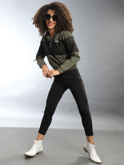 Campus Sutra - Olive Women Colourblocked Windcheater Bomber Jacket