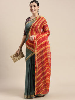 Geroo Jaipur - Multicolour Hand Dyed Leheriya Saree