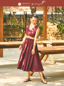 Twenty Dresses by Nykaa Fashion - Essgee Wine V Neck Fit and Flare Midi Dress With Belt