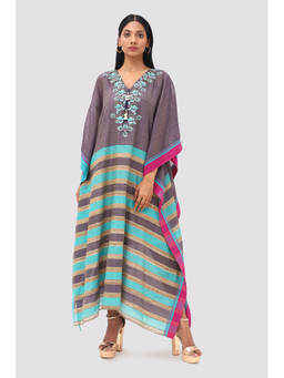 Banka Silk - Purple and Sky Blue Striped Embroidered Kaftan