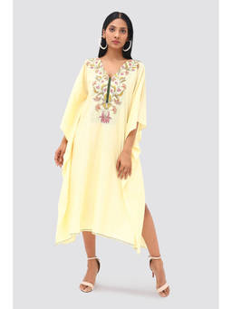 Banka Silk - Light Yellow Color Embroidered Kaftan