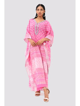 Banka Silk - Pink Cotton Block Print Embroidered Kaftan