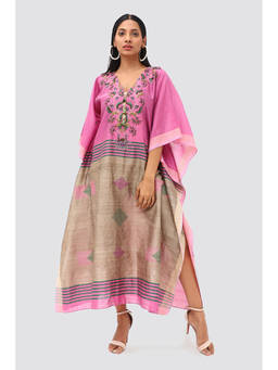 Banka Silk - Pink and Natural Raw Silk Embroidered Kaftan