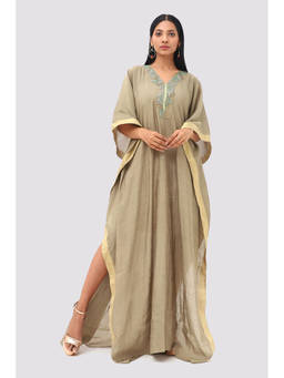 Banka Silk - Beige Long Embroidered Silk Kaftan