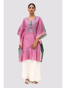 Banka Silk - Sparkling Pink and Green Kantha Embroidered Kaftan