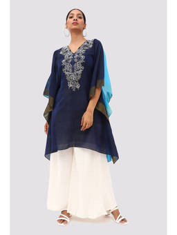 Banka Silk - Navy Blue Rose Embroidered Kaftan