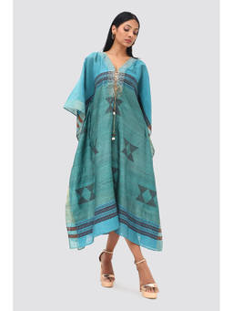 Banka Silk - Blue Kantha Textured Embroidered Kaftan