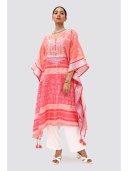 Banka Silk - Peach Block Print Embroidered Kaftan