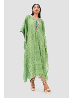 Banka Silk - Green Stripe Textured Embroidered Kaftan
