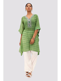 Banka Silk - Green Textured Embroidered Kaftan