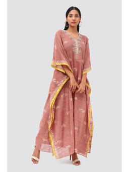 Banka Silk - Light Brown Block Print Embroidered Kaftan