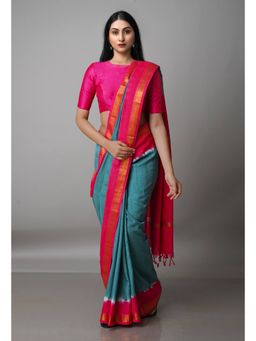 Unnati Silks - Turquoise Mangalgiri Soft Silk Saree with Unstitched Blouse