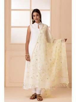 Geroo Jaipur - Off White Handcrafted Pure Kota Silk Dupatta