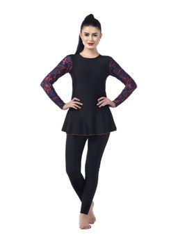 Veloz - Poly Spandex|Women Swim Frock Full Length Style With Neon Splatter on Full Sleeves - Black
