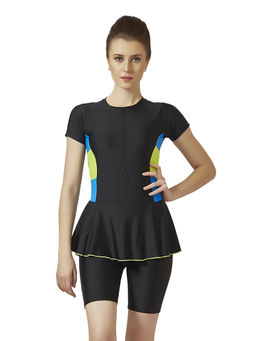 Veloz - Nylon Spandex|Padded|Women Swimwear|Contrast 3 Patches on Both Side & Front Zip - Black